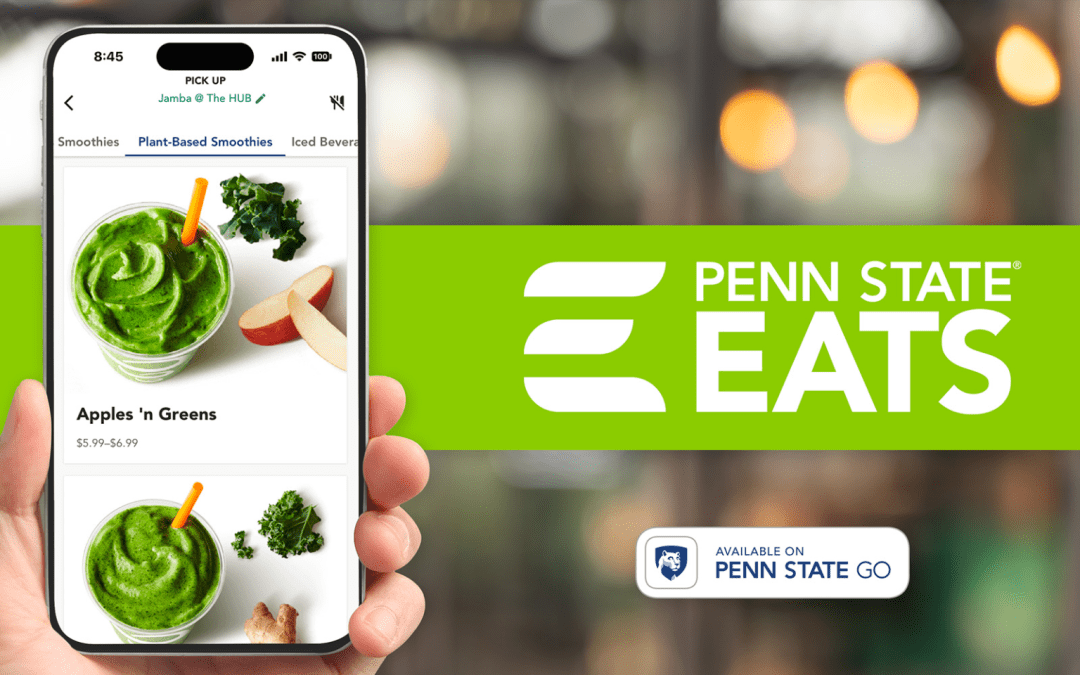 Hand holding mobile device using Penn State Eats Mobile